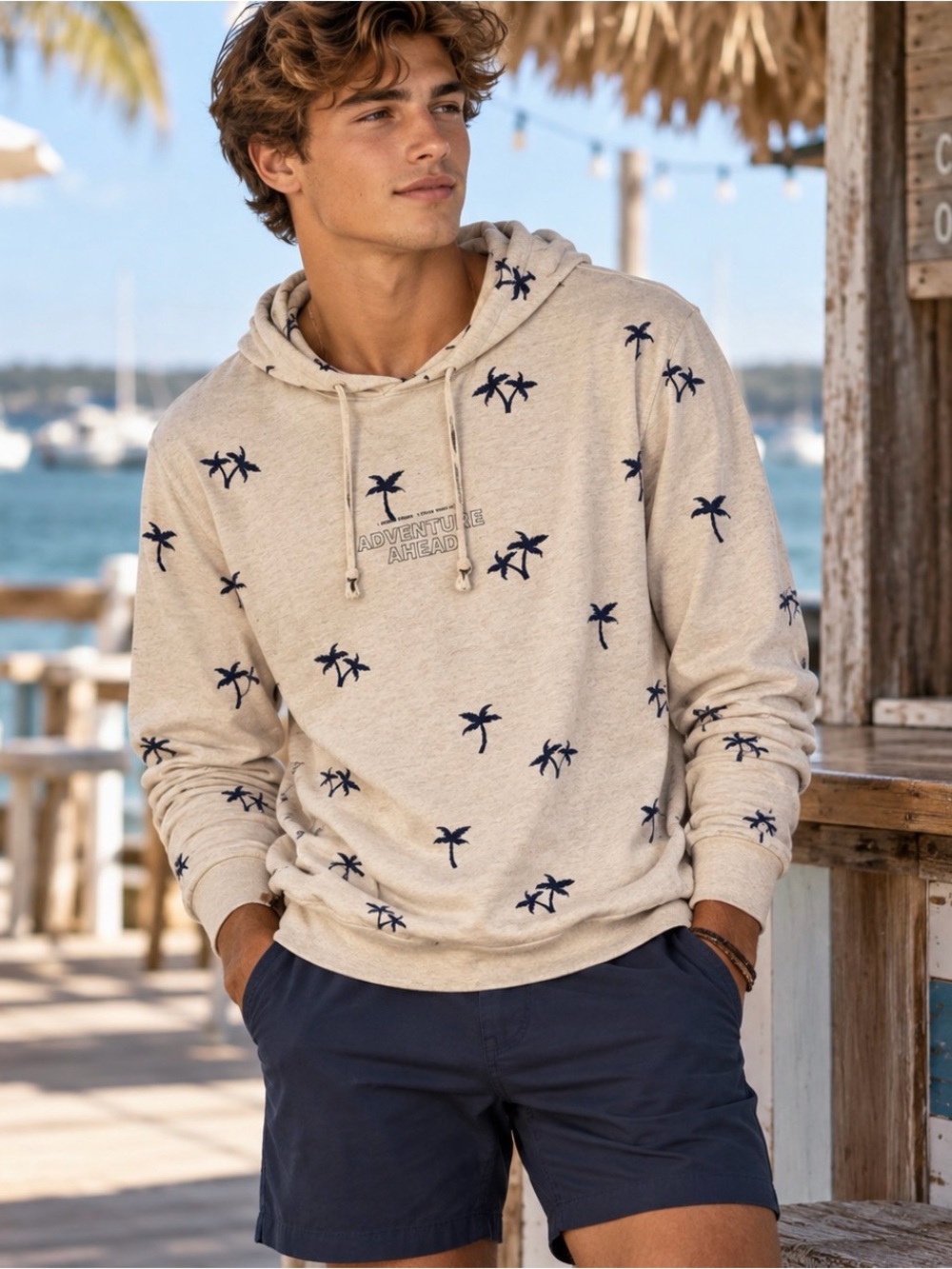 Denim & Flower Ricky Singh Adventure  Ahead Cream Hoodie with Navy Palms Size L